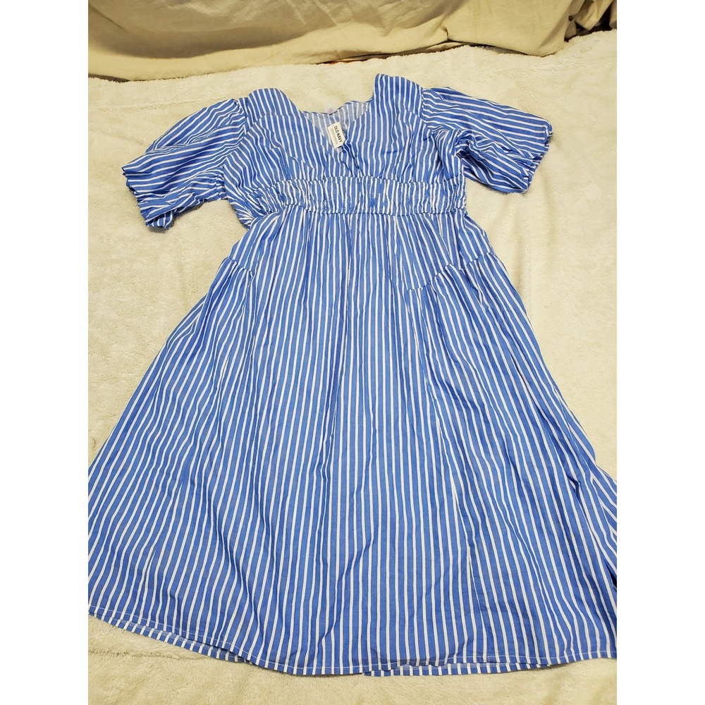 NWT Old Navy Blue White Striped Puff Sleeve Waist Defined Cotton Dress XL